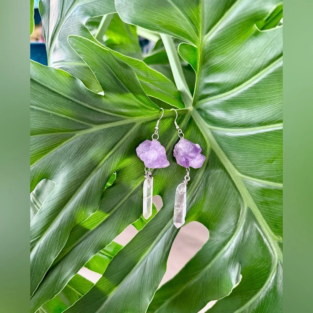 Amethyst & Clear Quartz earrings || Handmade Crystal jewelry
